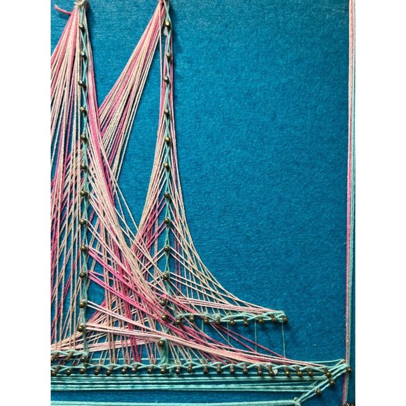Vintage String Thread Art Sailing Ship 1970's Nail Blue Boat Felt Wood Backing - Picture 3 of 8